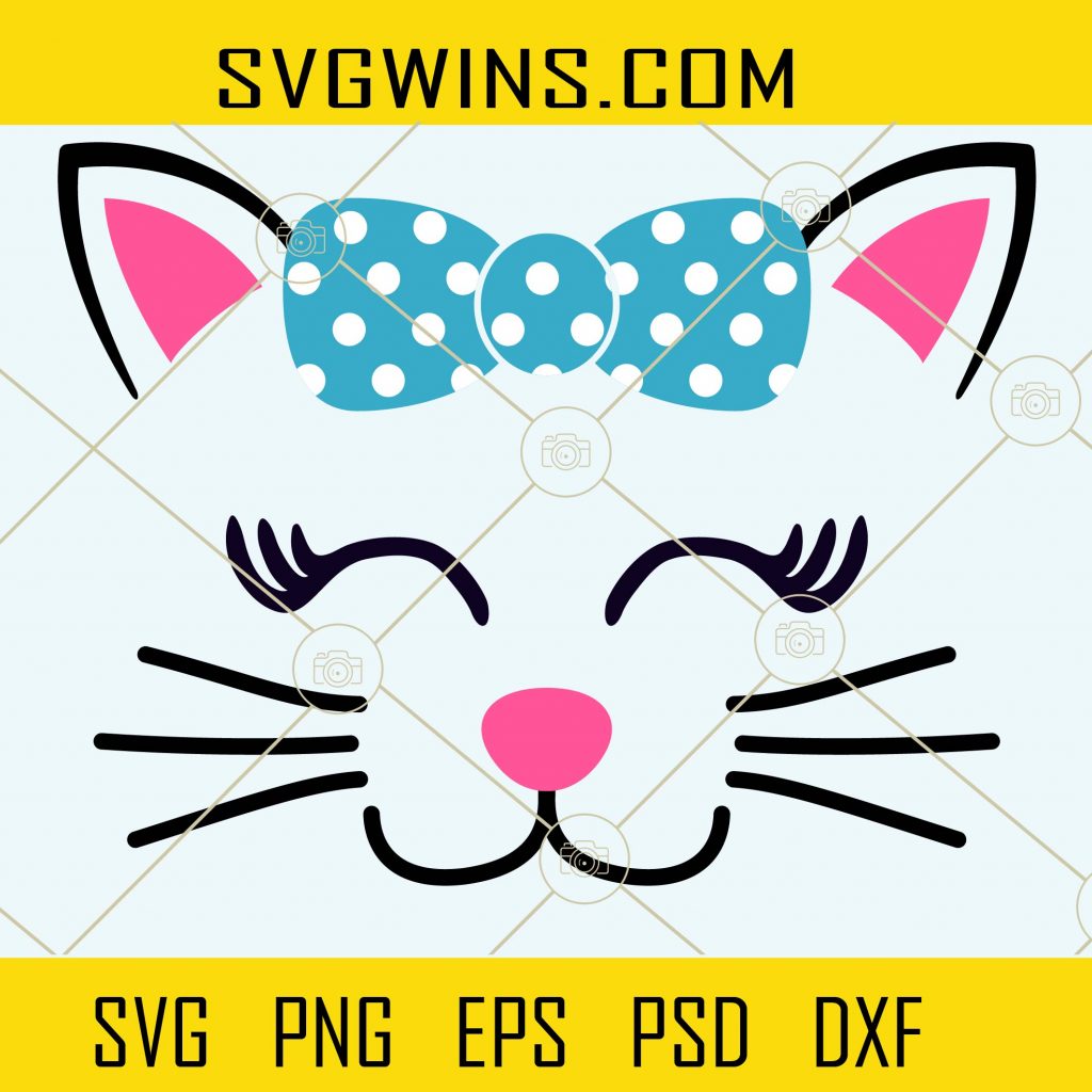 Cat face with bow svg, Cat Face Svg, Cute Cat with Bow Svg, Girls svg